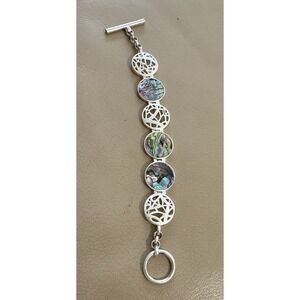 Signed Kenneth Cole Link‎ Bracelet Silvertone Abalone Made in Taiwan Toggle 7"